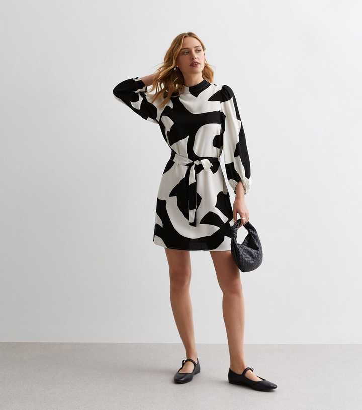 Black Swirl High Neck Belted Mini Dress