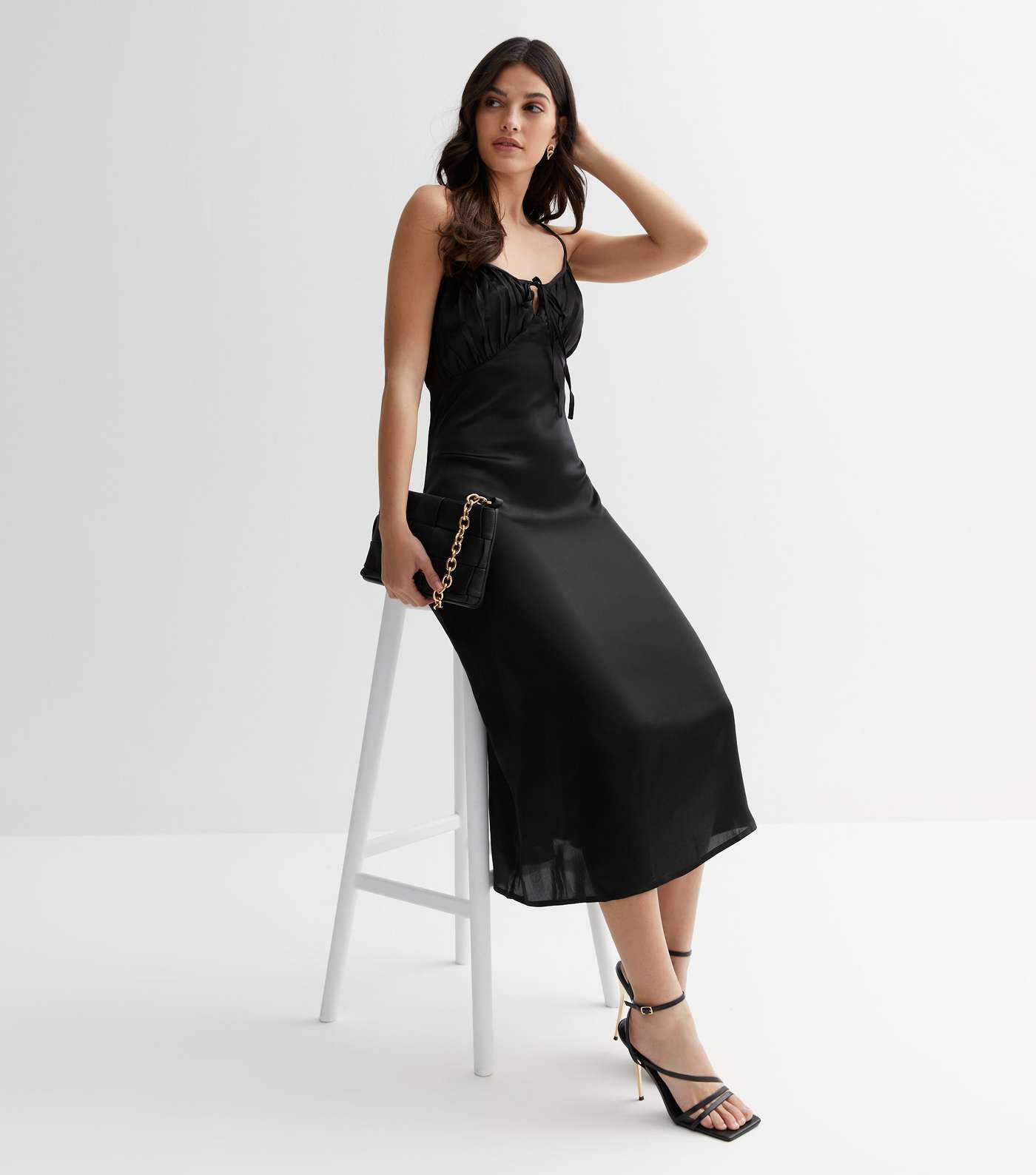 Influence Black Satin Ruched Tie Front Midi Dress Image 2