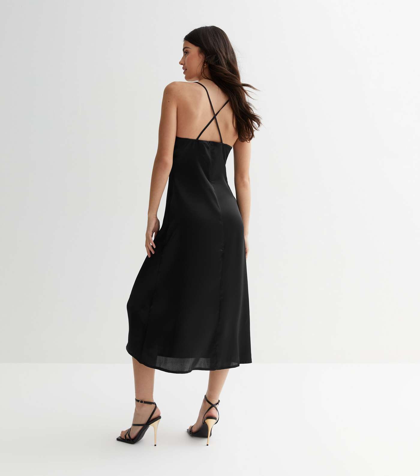 Influence Black Satin Ruched Tie Front Midi Dress Image 4