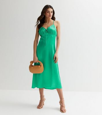 Influence Green Satin Ruched Tie Front Midi Dress New Look