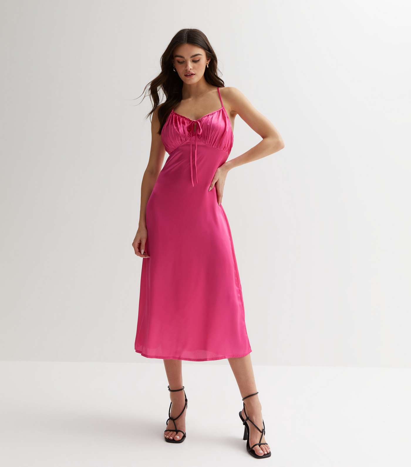 Influence Deep Pink Satin Ruched Tie Front Midi Dress Image 3