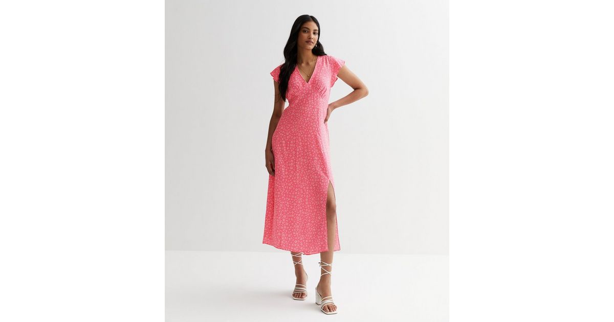 Pink Floral Flutter Sleeve Midi Dress | New Look