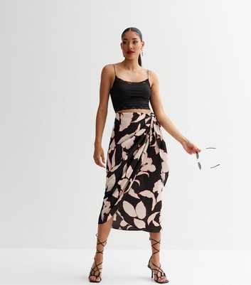 Black Floral Satin Wrap Midi Skirt