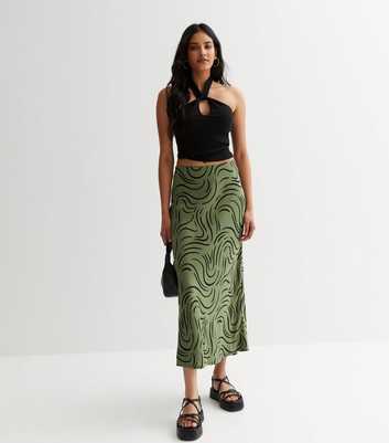 Green Swirl Satin Bias Cut Midi Skirt