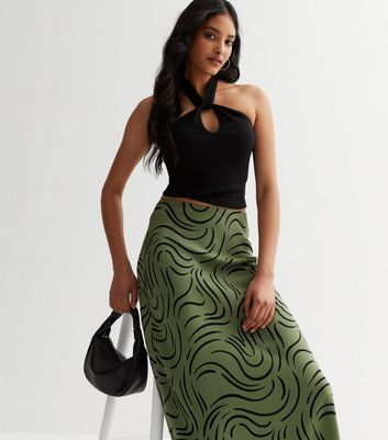 Green Swirl Satin Bias Cut Midi Skirt | New Look