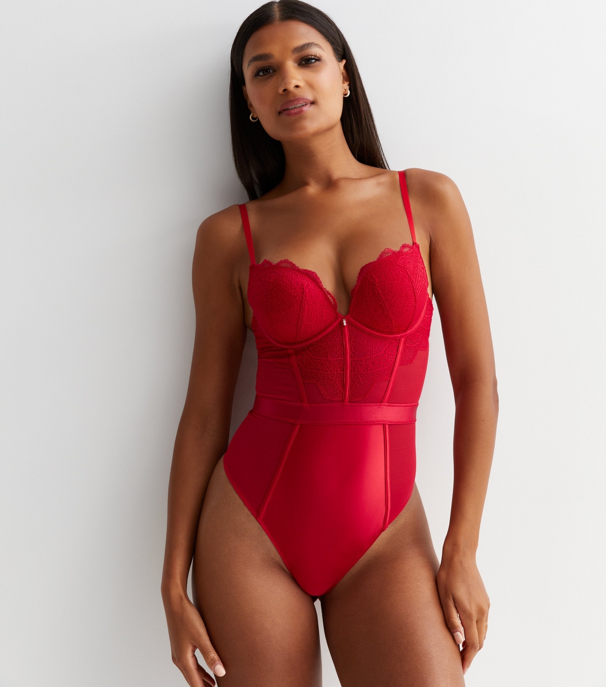 Women's Red Lace Underwired Push Up Bodysuit New Look