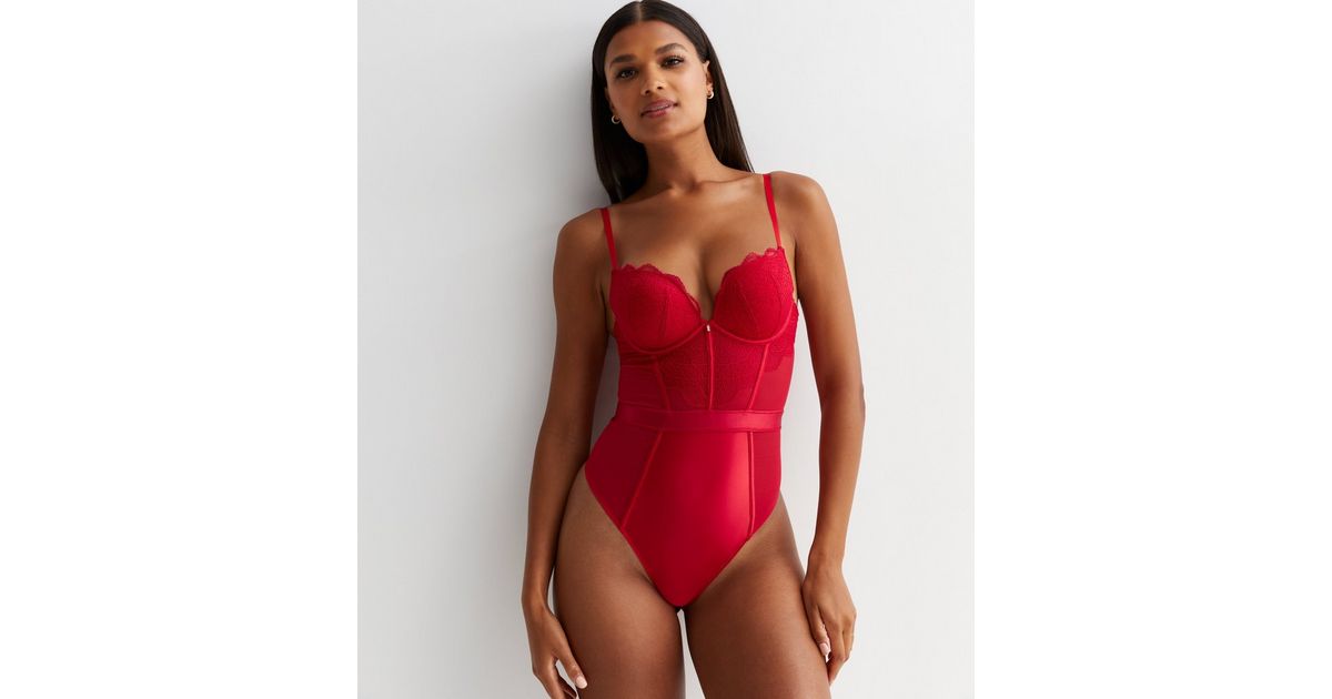 Red Lace Underwired Push Up Bodysuit | New Look