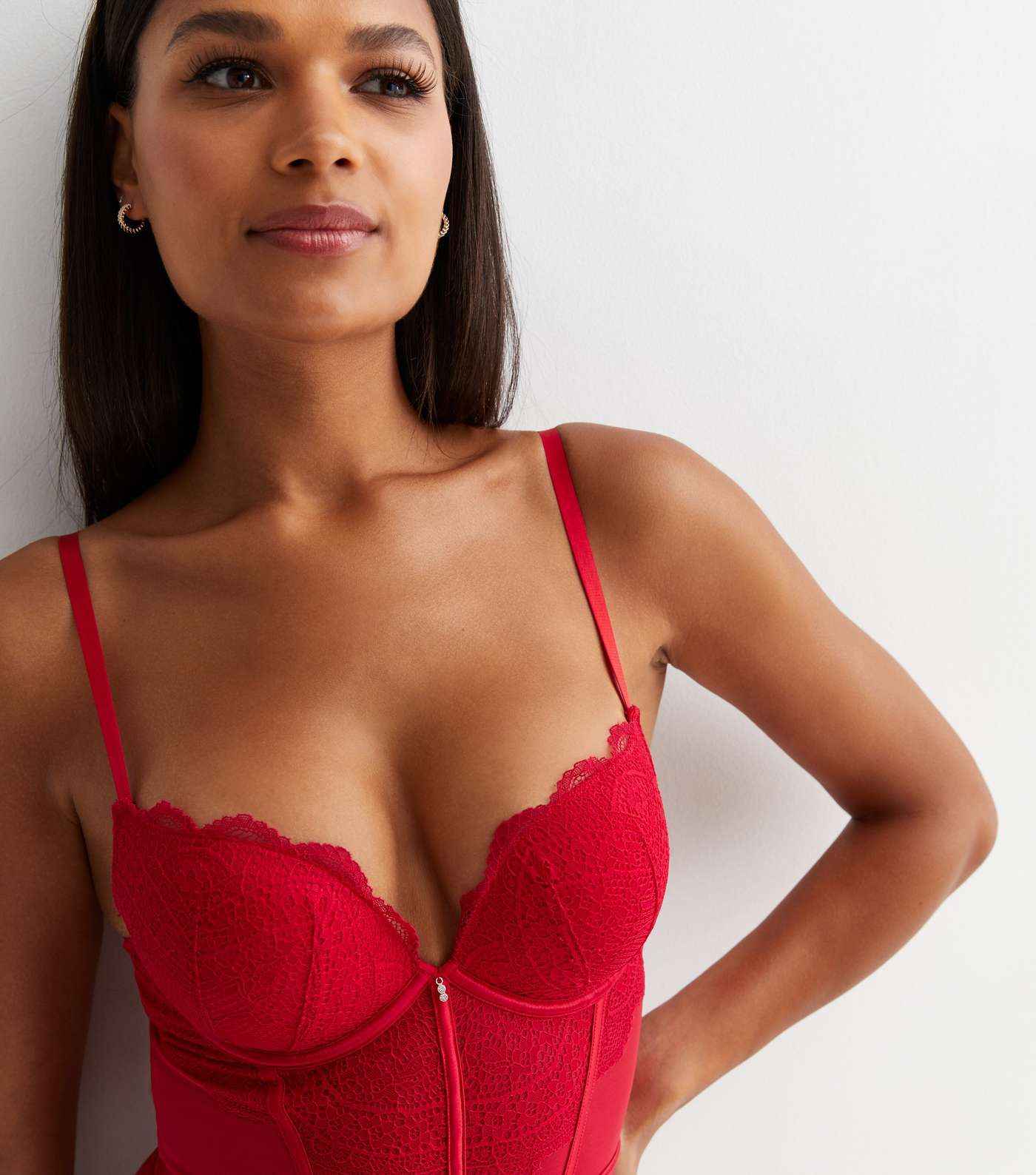 Red Lace Underwired Push Up Bodysuit Image 2