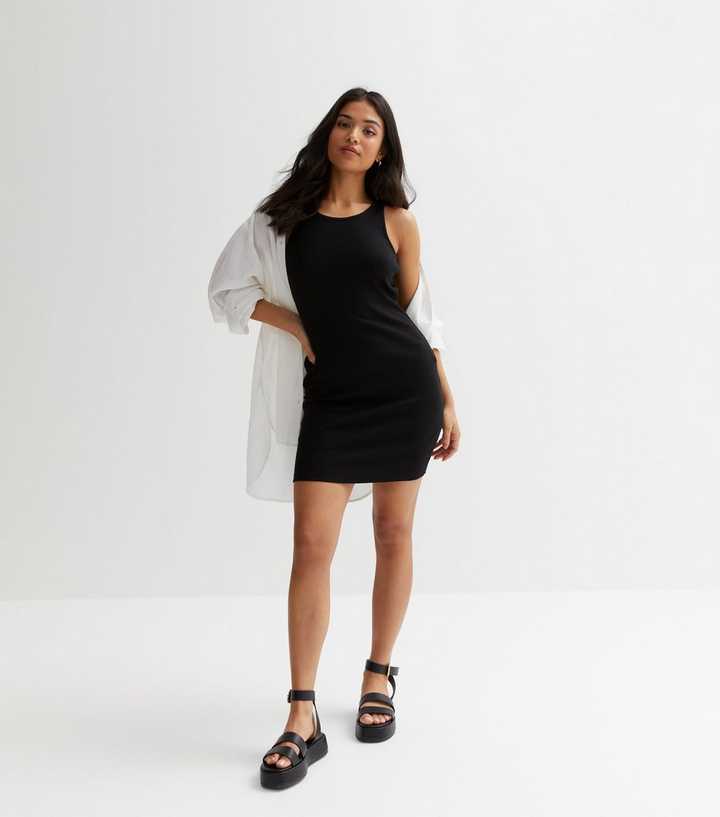 Petite Black Ribbed Racer Mini Dress