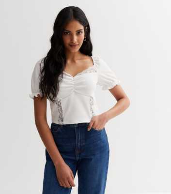 Off White Ribbed Lace Trim Top