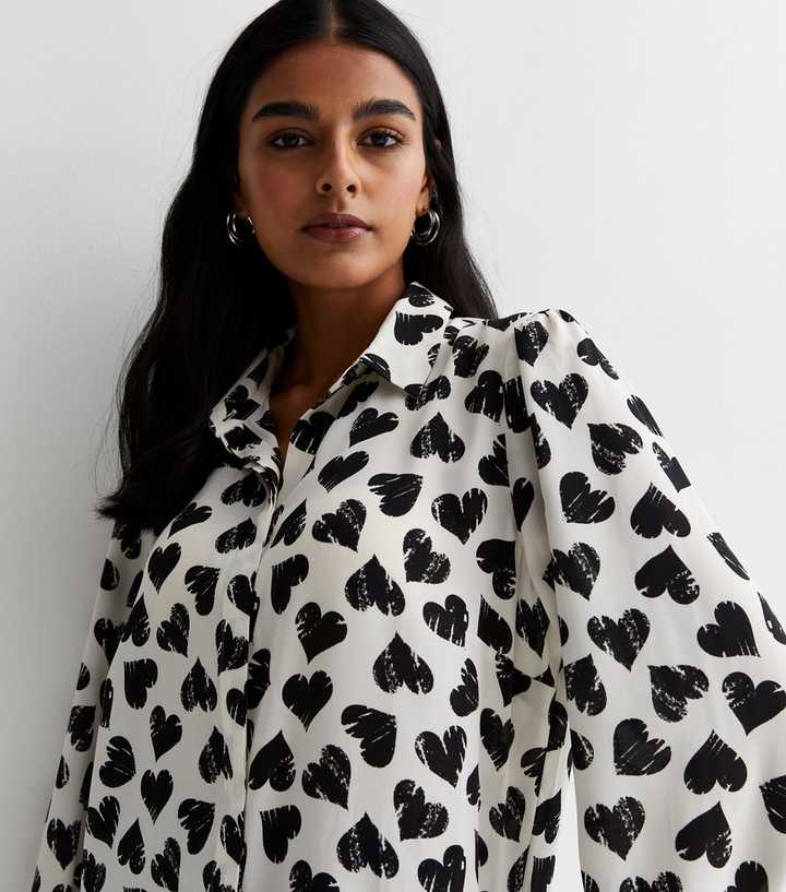 White Heart Print Oversized Shirt