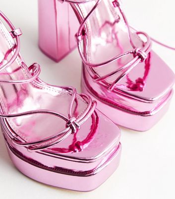 Public Desire Mid Pink Metallic Platform Block Heel Sandals New Look