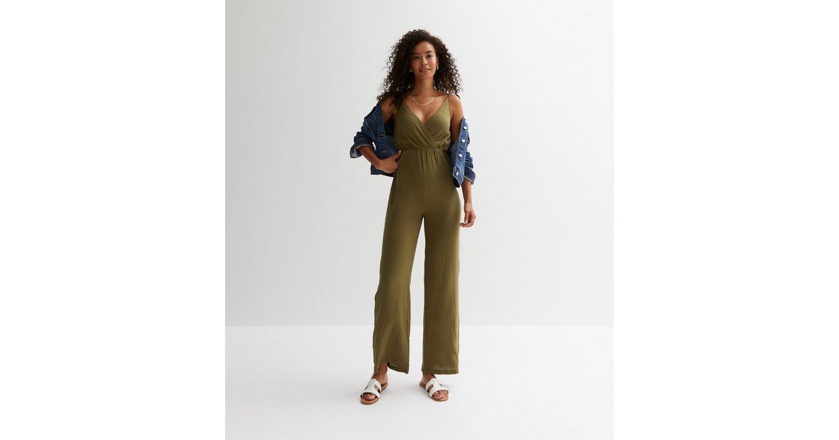 Petite Khaki Strappy Wrap Jumpsuit