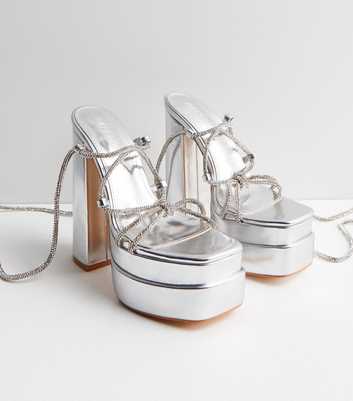Public Desire Silver Metallic Diamanté Strappy Platform Block Heel Sandals