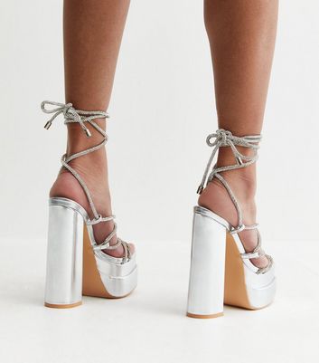 Public Desire Silver Metallic Diamante Strappy Platform Block Heel Sandals New Look