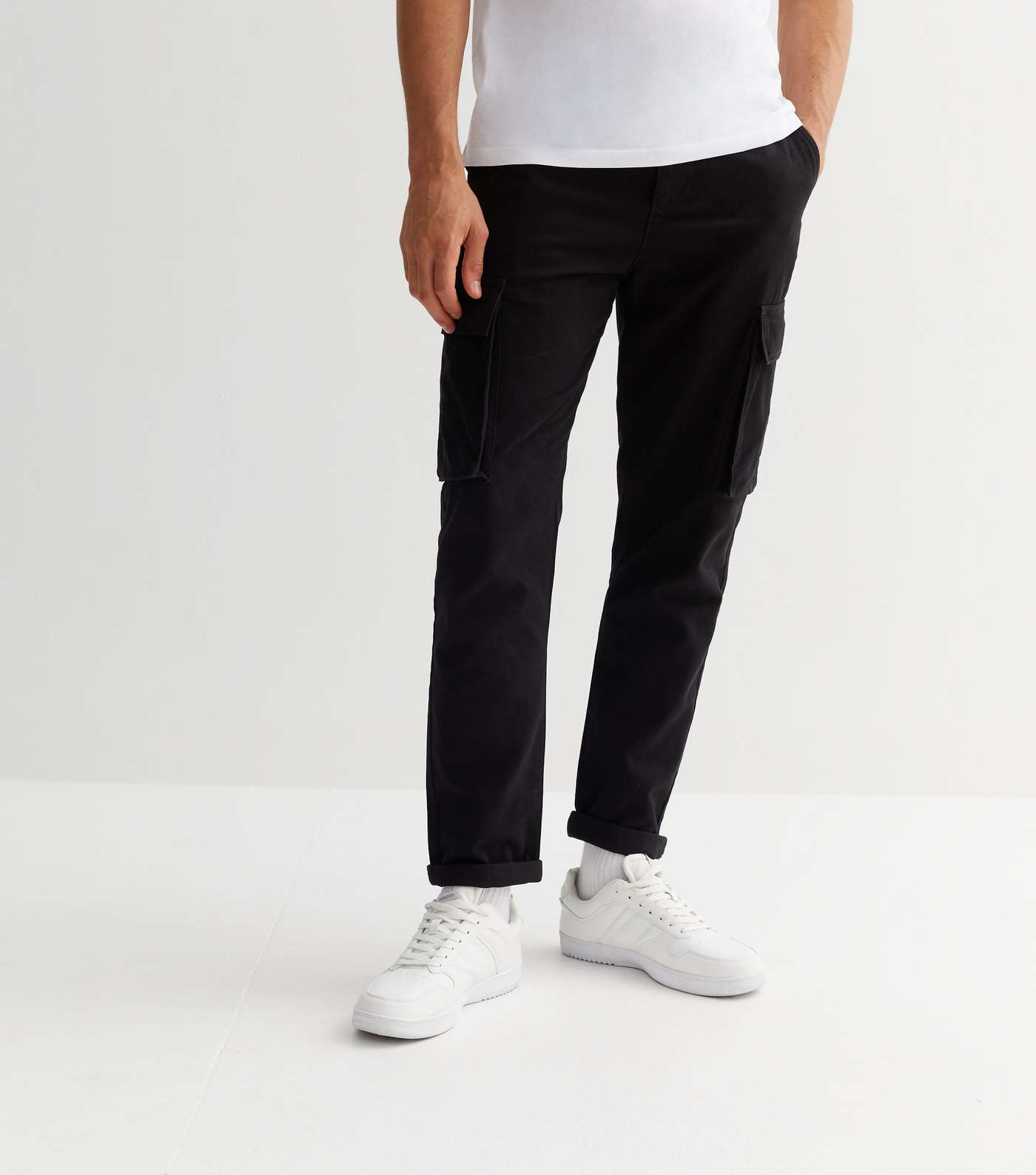 Black Cotton Tapered Cargo Trousers Image 2