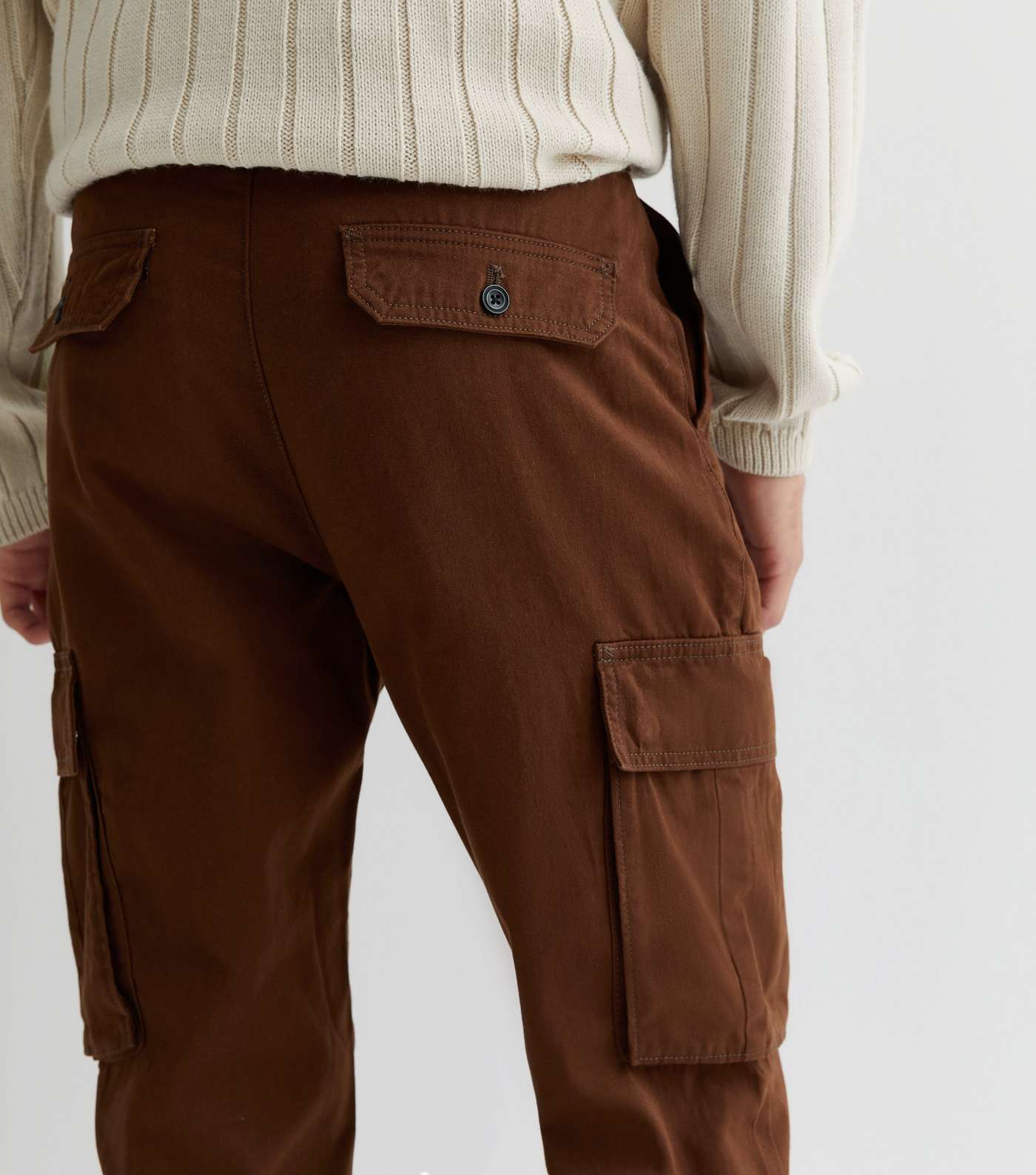 Dark Brown Cotton Tapered Cargo Trousers Image 3