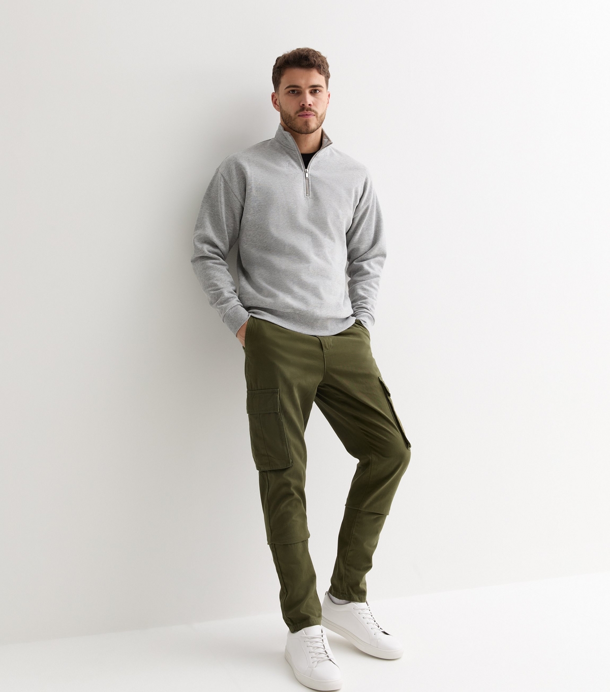 Men's Khaki Cotton Tapered Cargo Trousers New Look