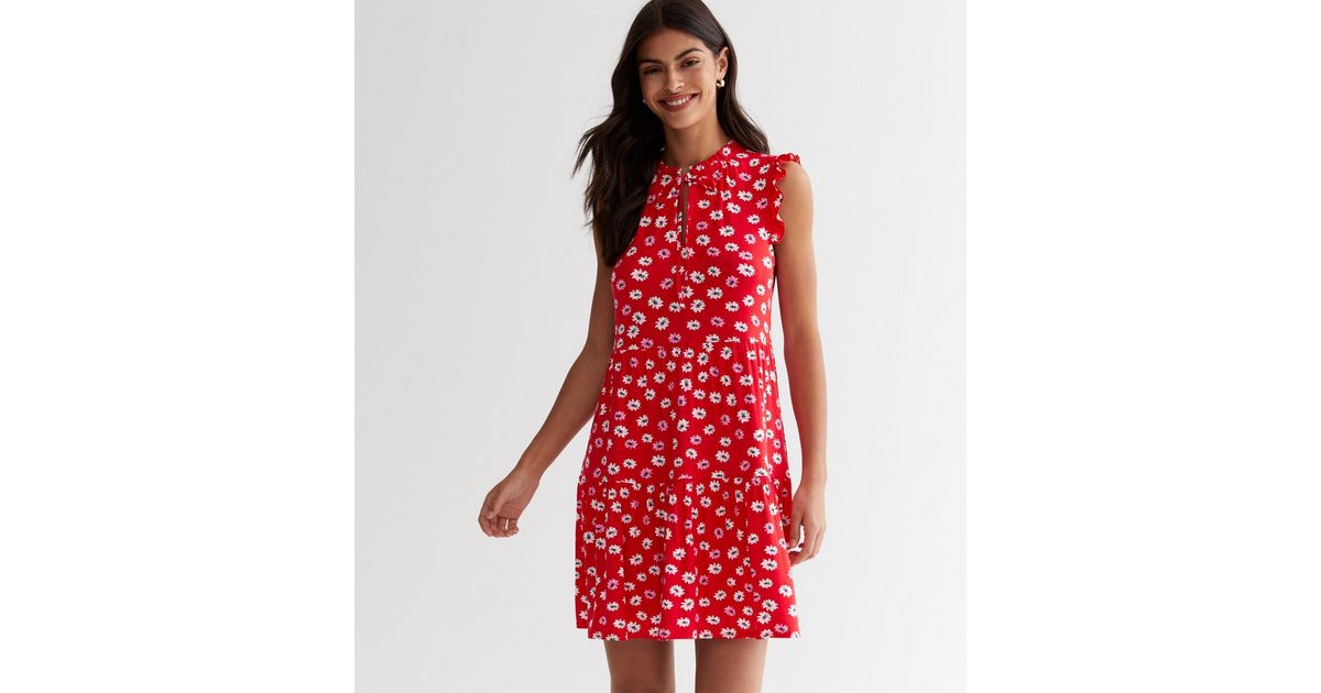 Red Daisy Tie Neck Mini Dress | New Look