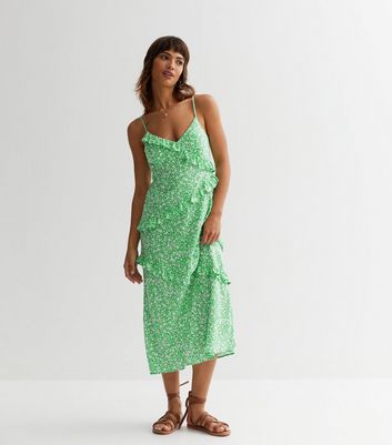 Green Ditsy Floral Frill Strappy Midi Dress New Look