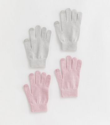 Girls 2 Pack Light Grey and Pink Glitter Magic Gloves New Look