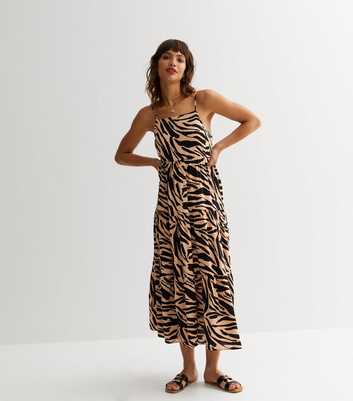 Brown Zebra Print Strappy Tiered Midi Dress