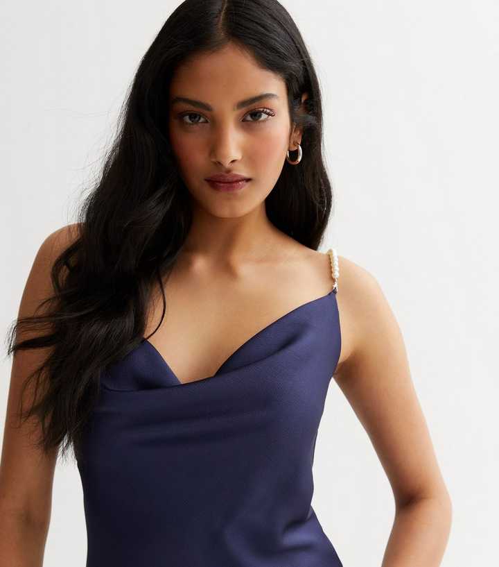 Navy Satin Faux Pearl Strappy Midi Dress