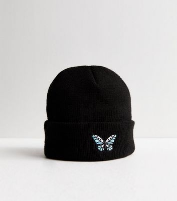Girls Black Butterfly Embroidered Beanie New Look