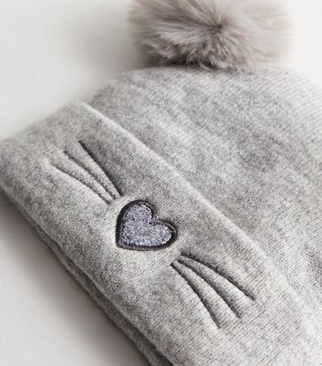 Girls Grey Cat Faux Fur Bobble Hat New Look