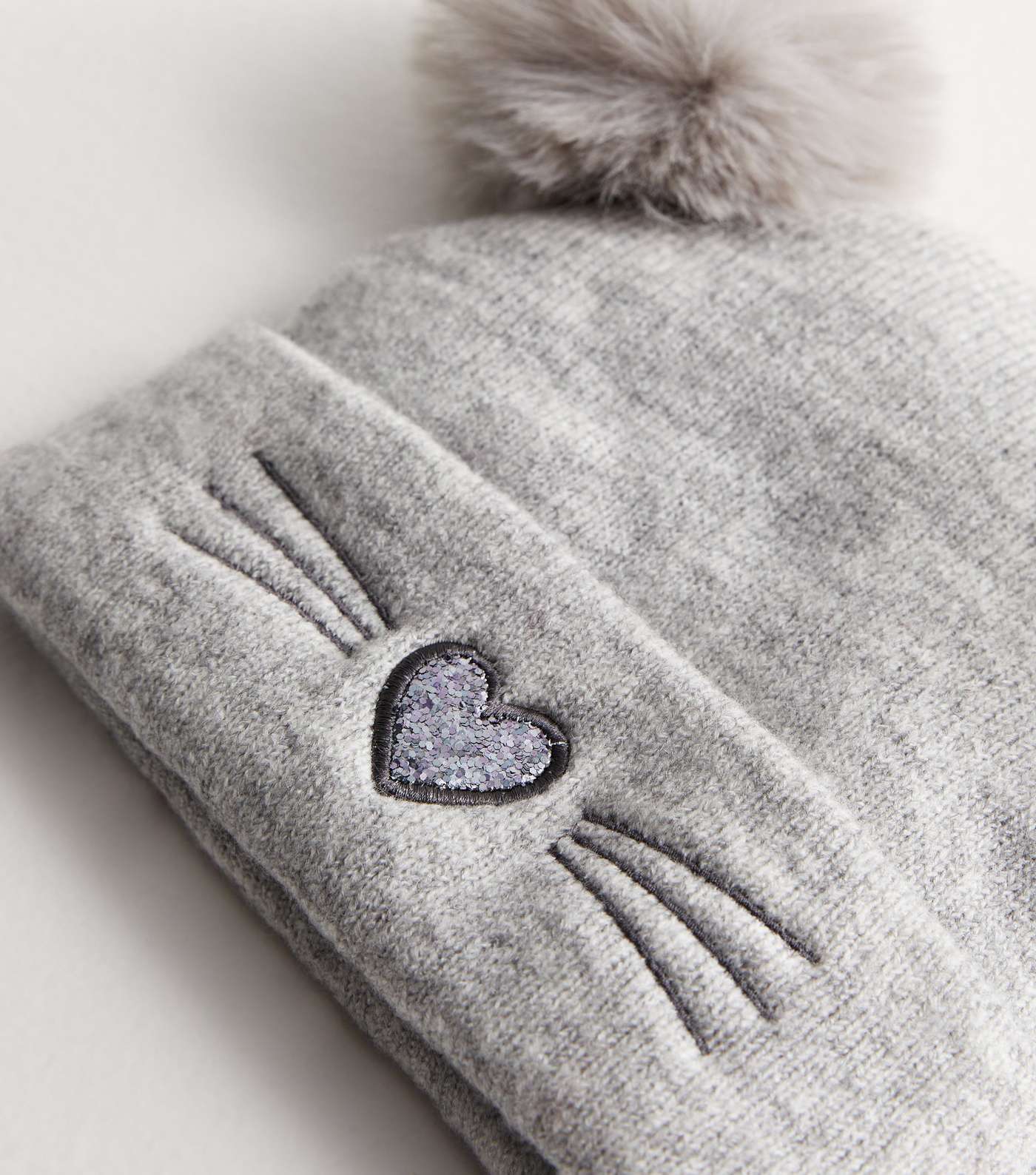 Girls Grey Cat Faux Fur Bobble Hat Image 3