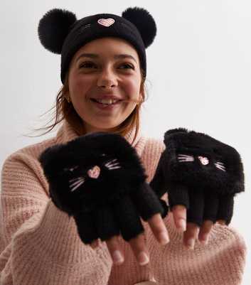 Girls Black Cat Bobble Hat and Fingerless Gloves Set
