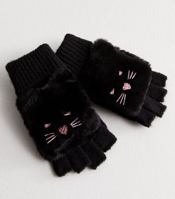 Girls Black Cat Bobble Hat and Fingerless Gloves Set New Look