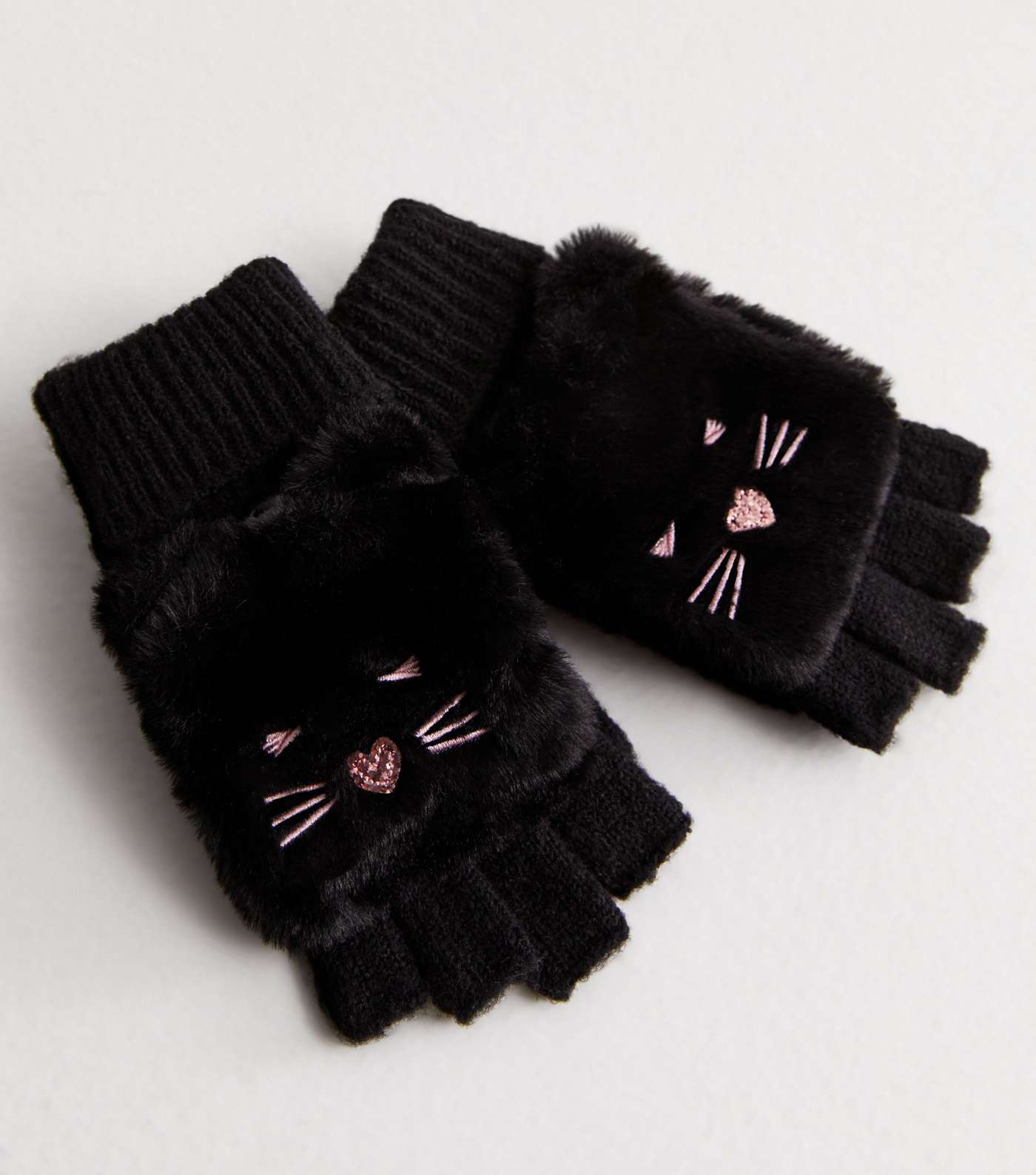 Girls Black Cat Bobble Hat and Fingerless Gloves Set Image 3