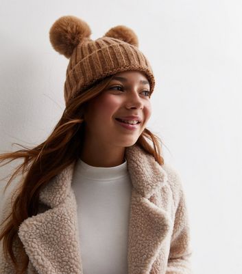 Girls Camel Ribbed Double Pom Pom Bobble Hat New Look