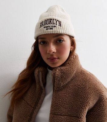 Girls Cream Ribbed Knit Brooklyn Logo Beanie New Look