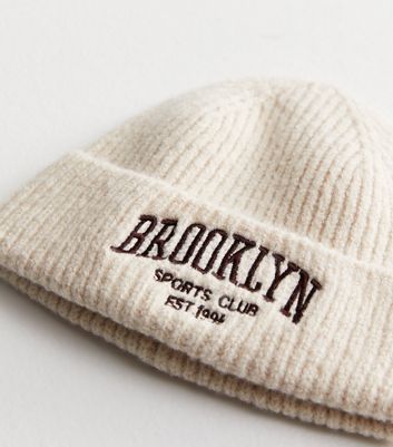 Girls Cream Ribbed Knit Brooklyn Logo Beanie New Look
