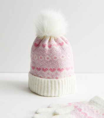 Girls Pink Fair Isle Pom Pom Hat and Gloves Set New Look