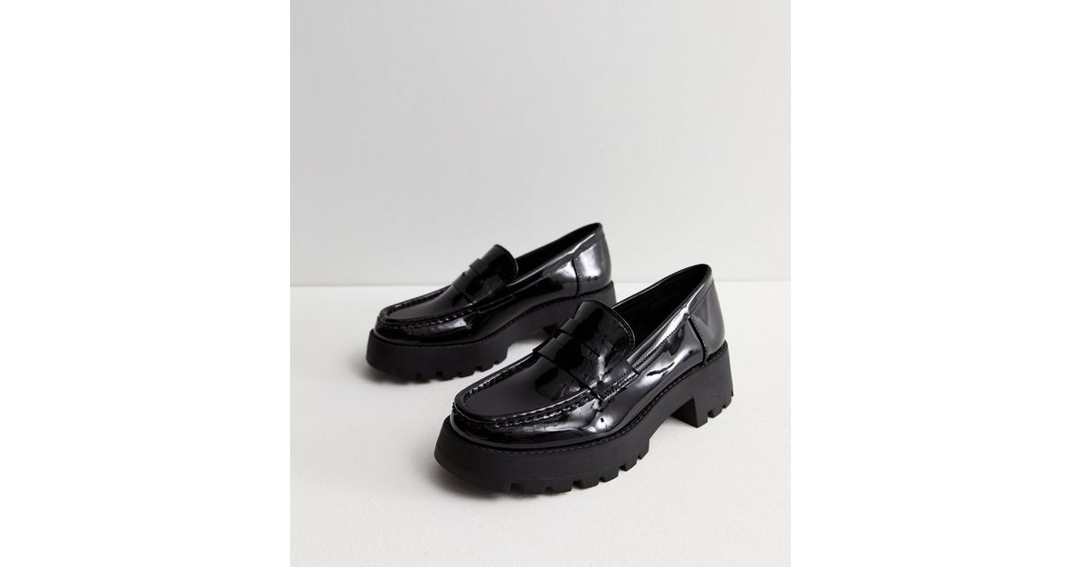 Black Patent Chunky Loafers New Look