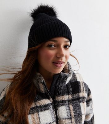 Girls Black Ribbed Pom Pom Bobble Hat