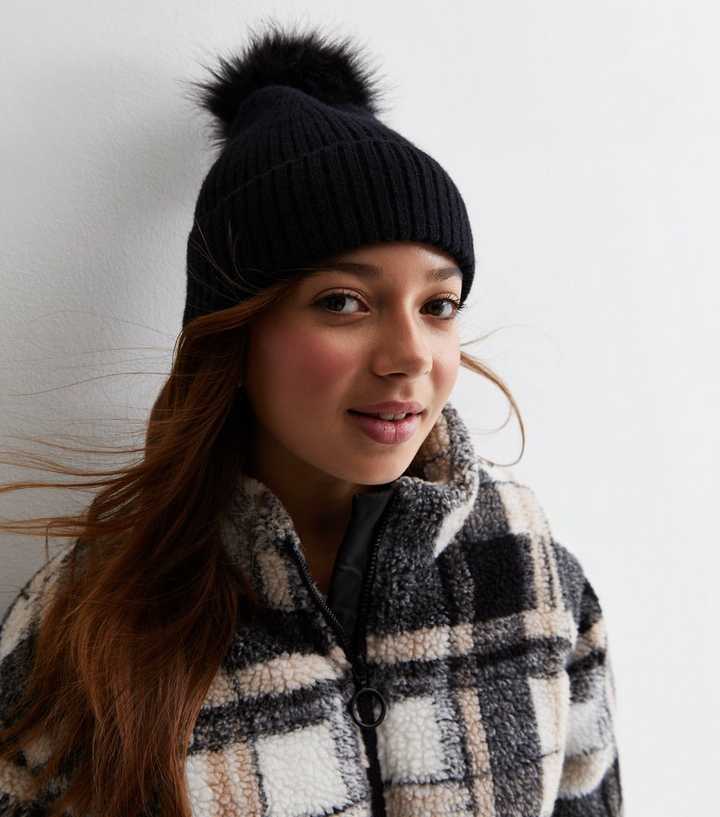 Bobble Hat Black Beanie With Tan Pom Pom Girls Black Ribbed Pom
