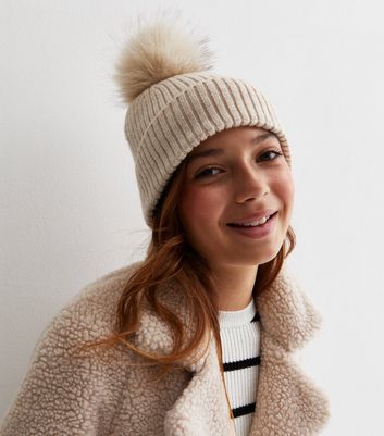 Girls Cream Ribbed Pom Pom Bobble Hat New Look