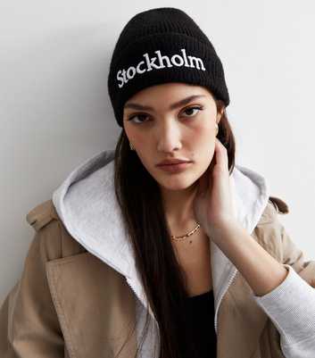 Black Ribbed Stockholm Logo Beanie