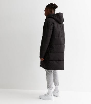 Men's Black Longline Hooded Puffer Coat New Look
