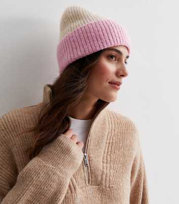 Pink Contrast Ribbed Knit Beanie