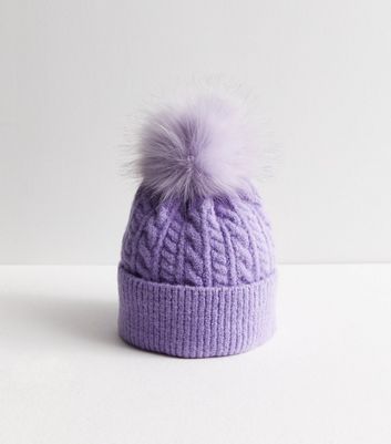 Lilac Cable Knit Pom Pom Bobble Hat New Look