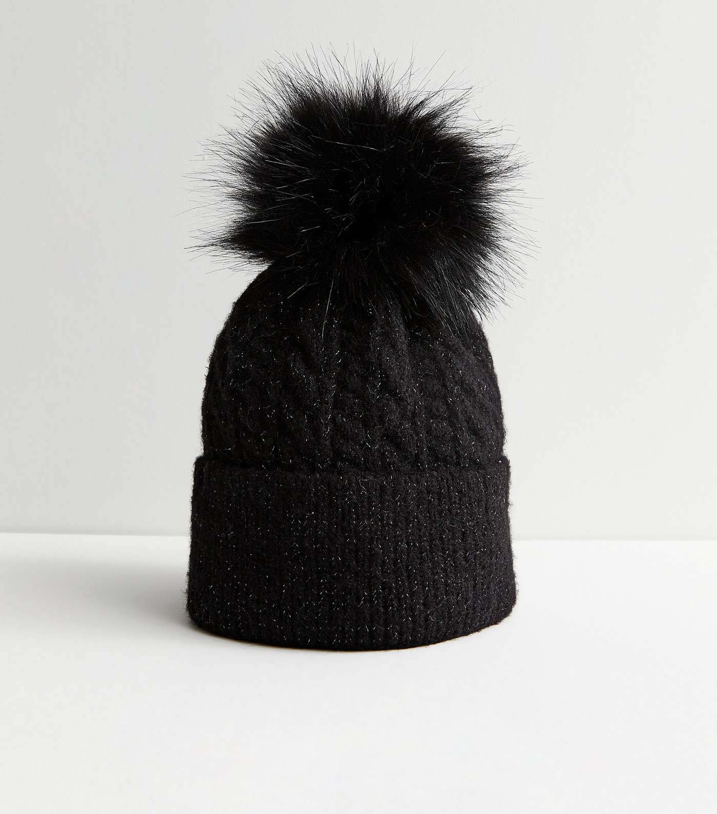 Black Glitter Knit Faux Fur Pom Pom Bobble Hat Image 2