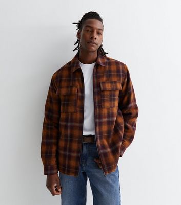 Orange Check Zip Front Relaxed Fit Overshirt | New Look