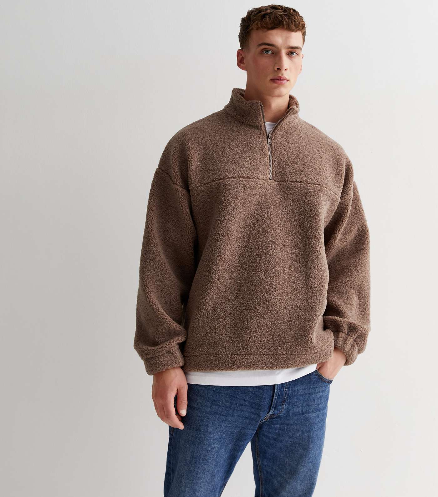 Mid Brown Borg Zip Neck Oversized Sweatshirt Image 2