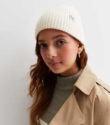 Girls Cream Ribbed Knit Tab Front Beanie