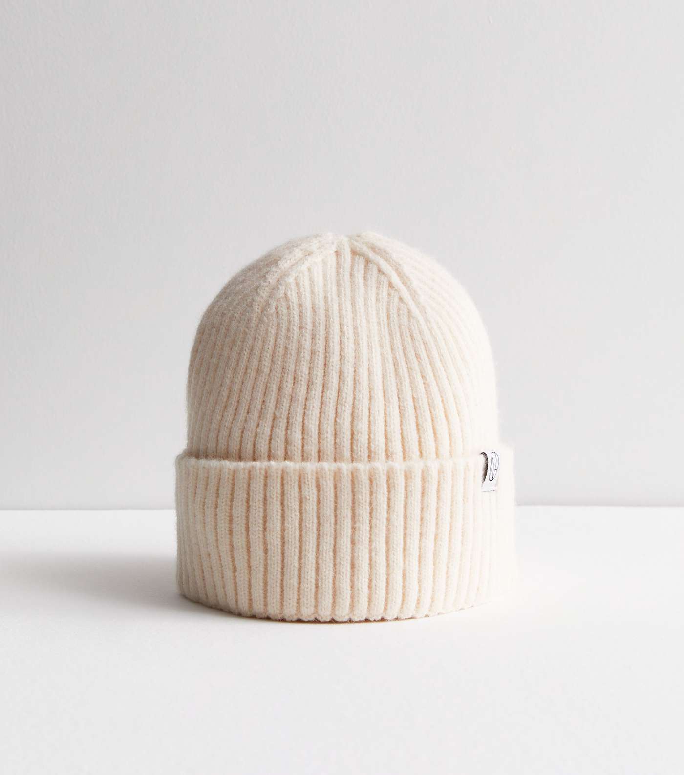 Girls Cream Ribbed Knit Tab Front Beanie Image 2